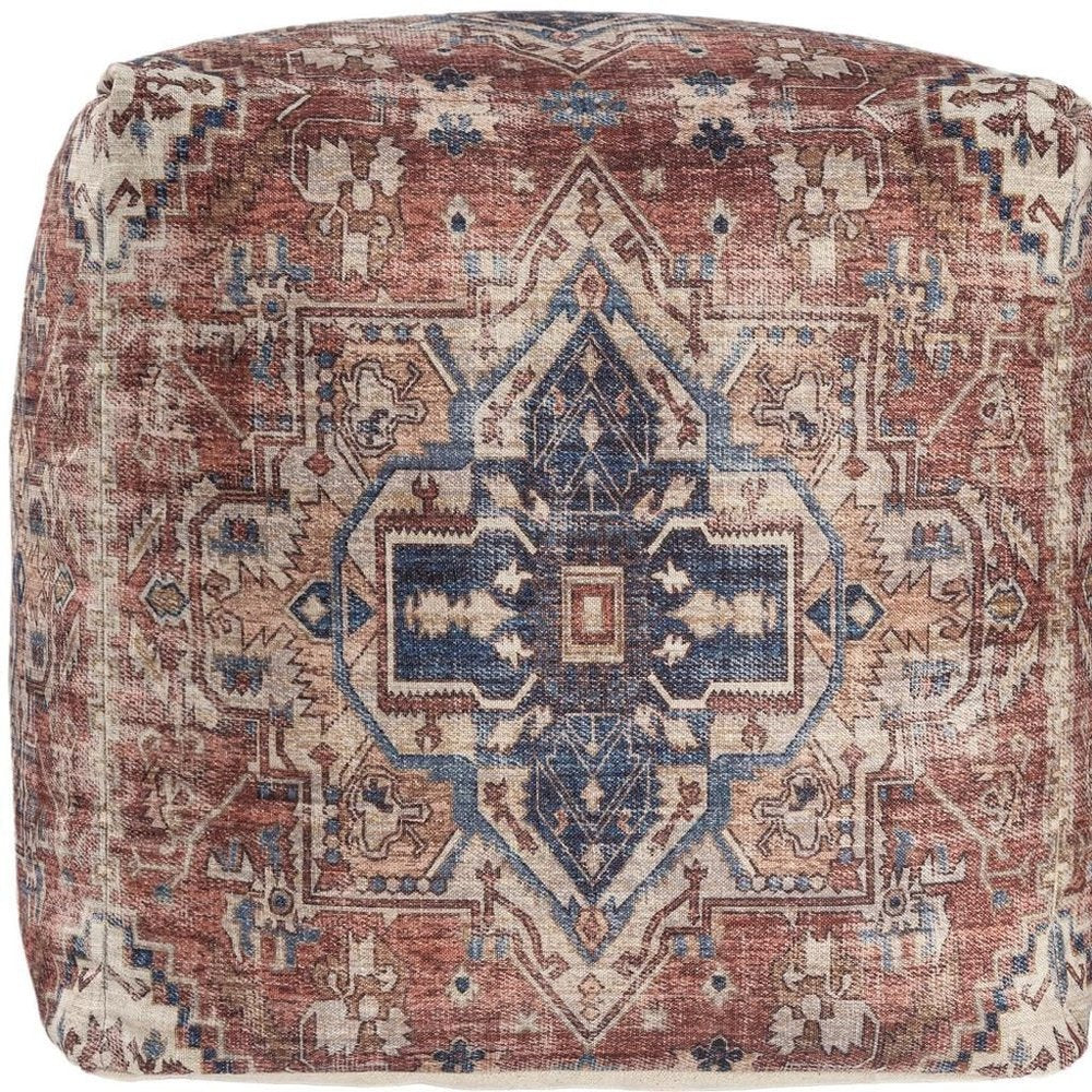 18" Navy Blue and Terra Cotta Upholstered Medallion Pouf Ottoman