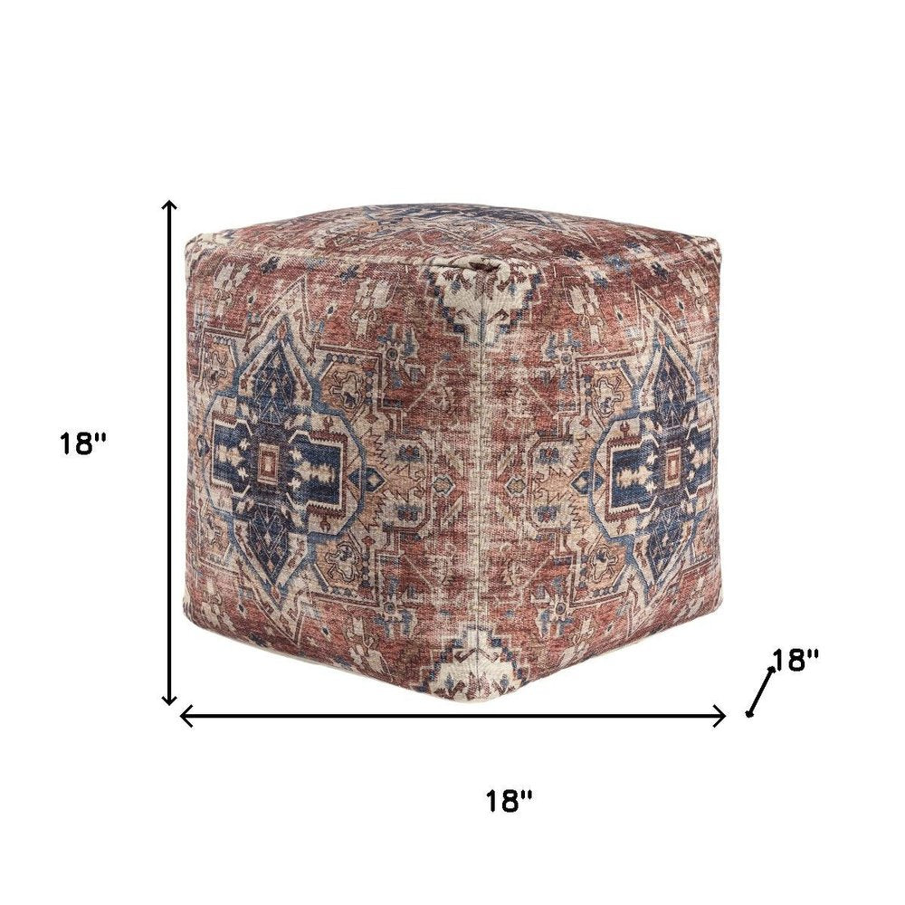 18" Navy Blue and Terra Cotta Upholstered Medallion Pouf Ottoman