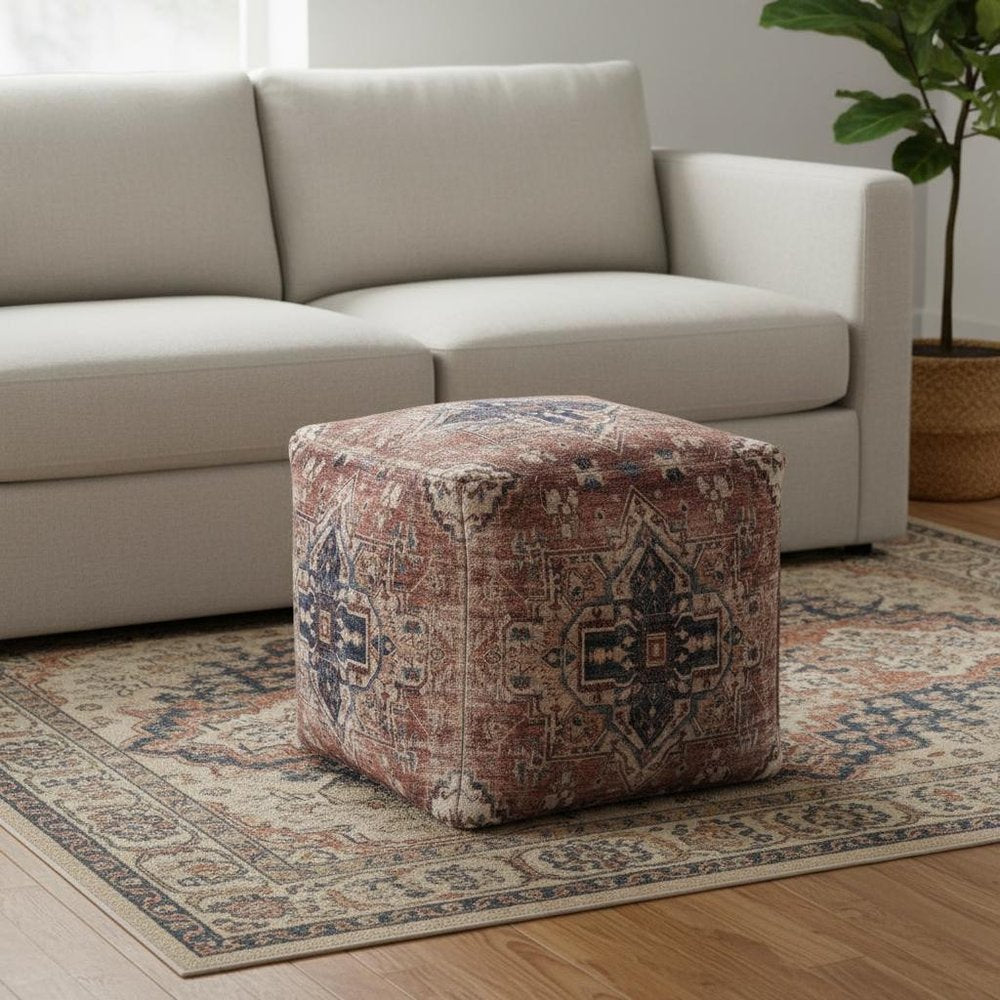 18" Navy Blue and Terra Cotta Upholstered Medallion Pouf Ottoman