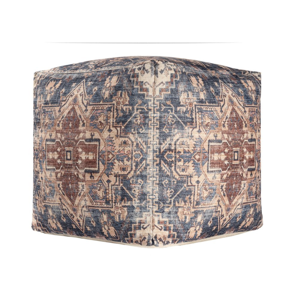18" Navy Blue and Terra Cotta Upholstered Medallion Pouf Ottoman