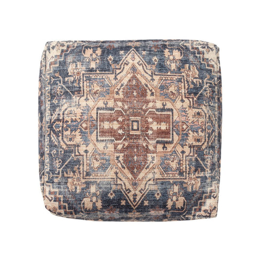 18" Navy Blue and Terra Cotta Upholstered Medallion Pouf Ottoman