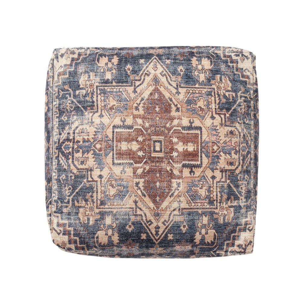 18" Navy Blue and Terra Cotta Upholstered Medallion Pouf Ottoman