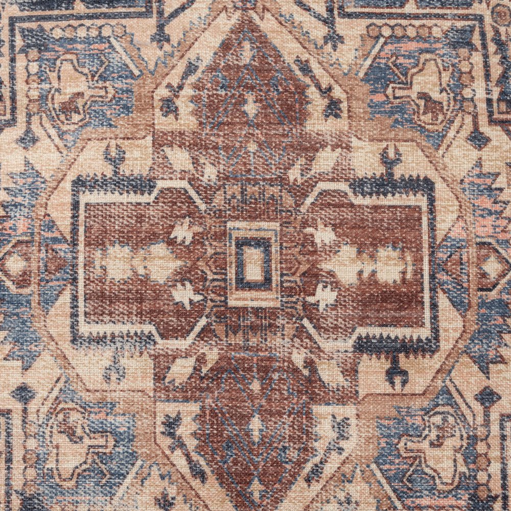 18" Navy Blue and Terra Cotta Upholstered Medallion Pouf Ottoman