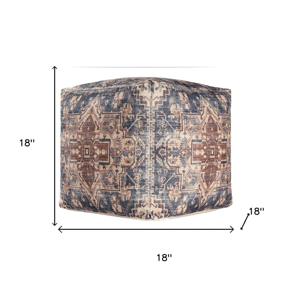 18" Navy Blue and Terra Cotta Upholstered Medallion Pouf Ottoman