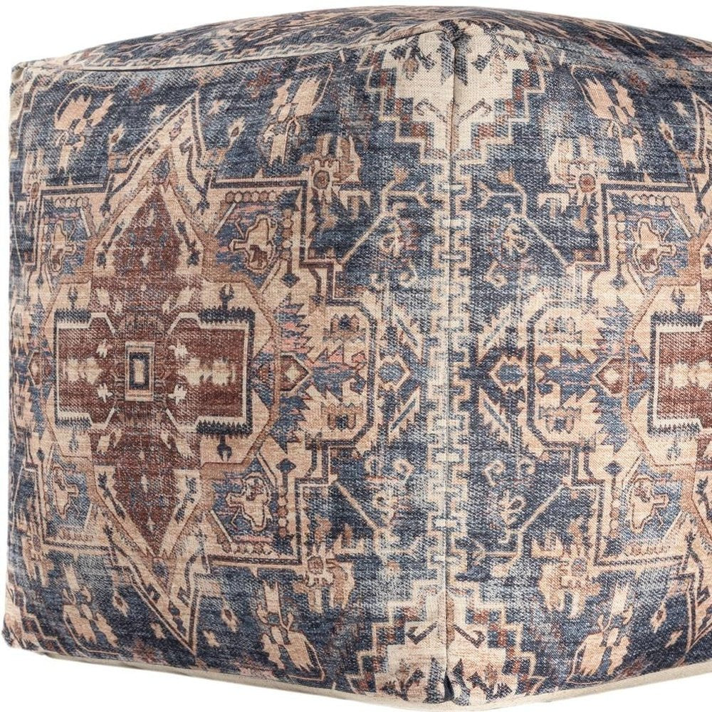 18" Navy Blue and Terra Cotta Upholstered Medallion Pouf Ottoman
