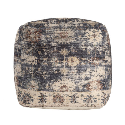 18" Navy Blue and Tan Upholstered Medallion Pouf Ottoman