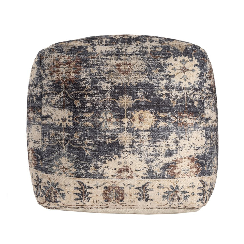 18" Navy Blue and Tan Upholstered Medallion Pouf Ottoman