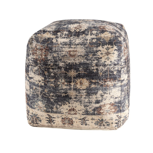 18" Navy Blue and Tan Upholstered Medallion Pouf Ottoman