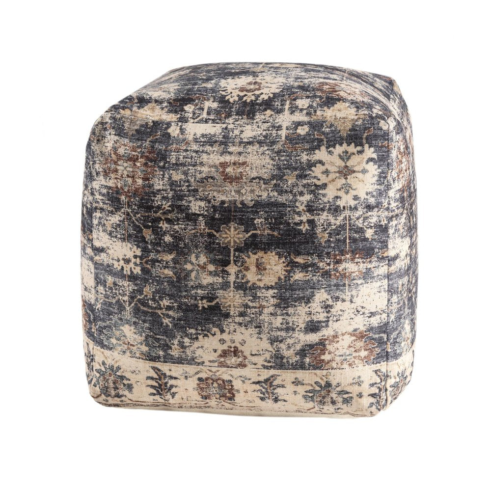 18" Navy Blue and Tan Upholstered Medallion Pouf Ottoman