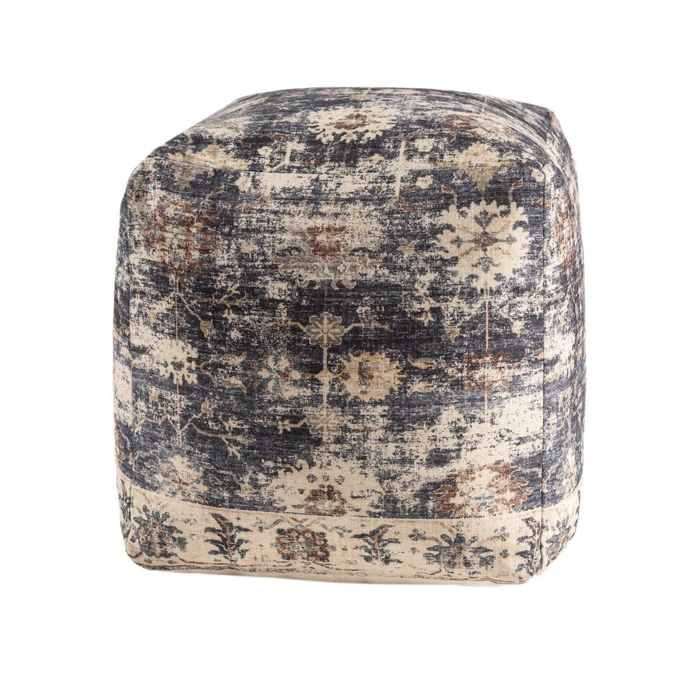 18" Navy Blue and Tan Upholstered Medallion Pouf Ottoman