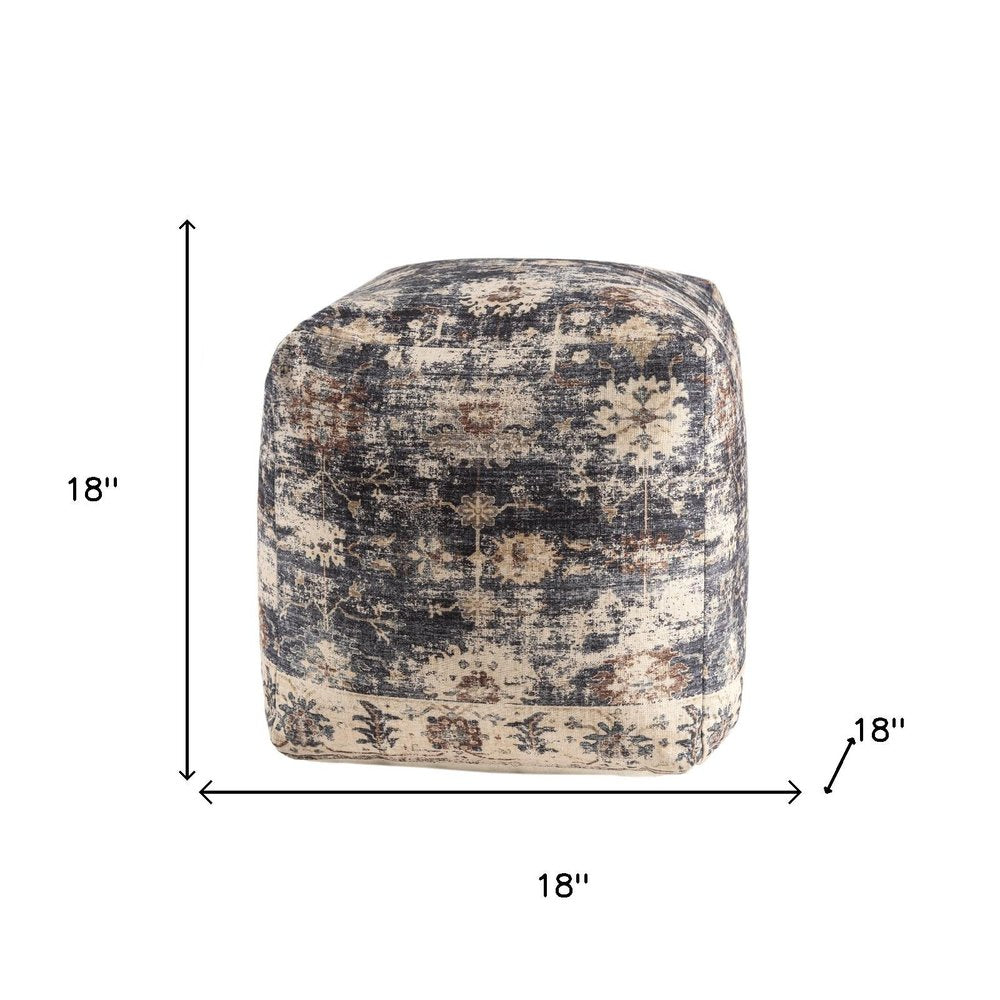 18" Navy Blue and Tan Upholstered Medallion Pouf Ottoman