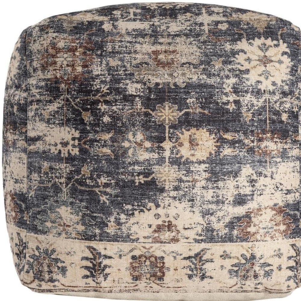 18" Navy Blue and Tan Upholstered Medallion Pouf Ottoman