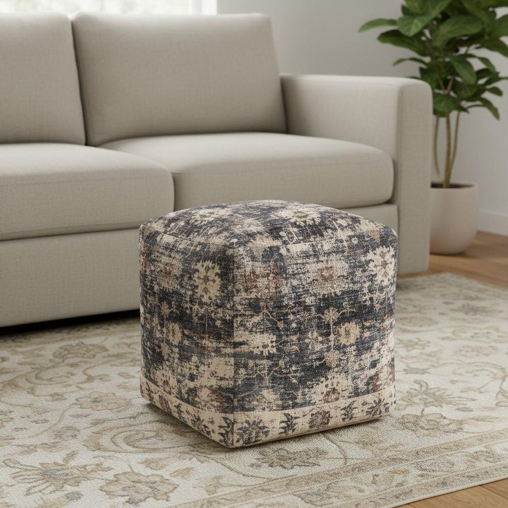 18" Navy Blue and Tan Upholstered Medallion Pouf Ottoman