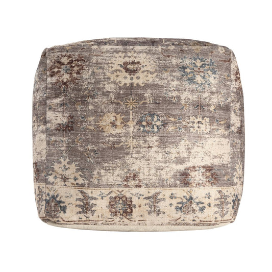 18" Ivory and Taupe Upholstered Medallion Pouf Ottoman