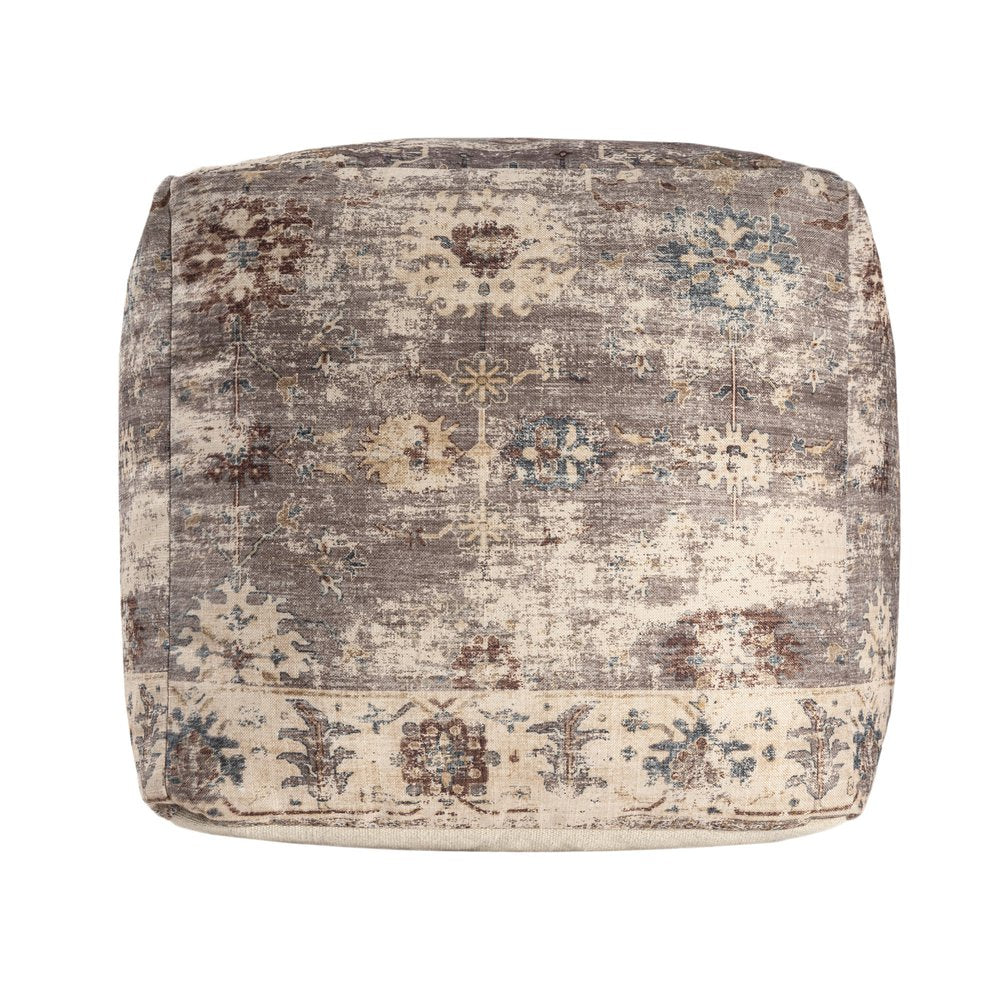 18" Ivory and Taupe Upholstered Medallion Pouf Ottoman