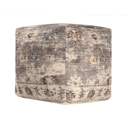18" Ivory and Taupe Upholstered Medallion Pouf Ottoman