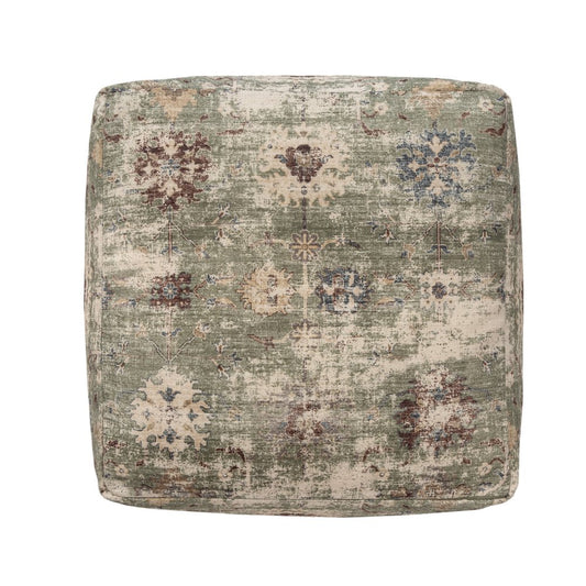 18" Ivory and Sage Upholstered Medallion Pouf Ottoman
