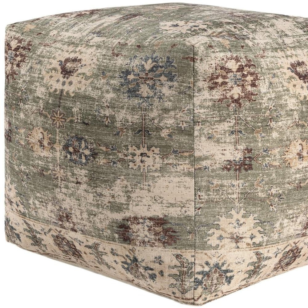 18" Ivory and Sage Upholstered Medallion Pouf Ottoman