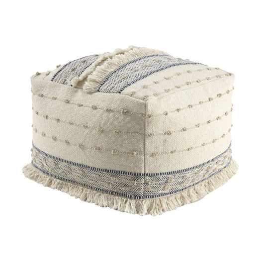 18" Ivory and Navy Blue Cotton And Wool Striped Pouf Ottoman