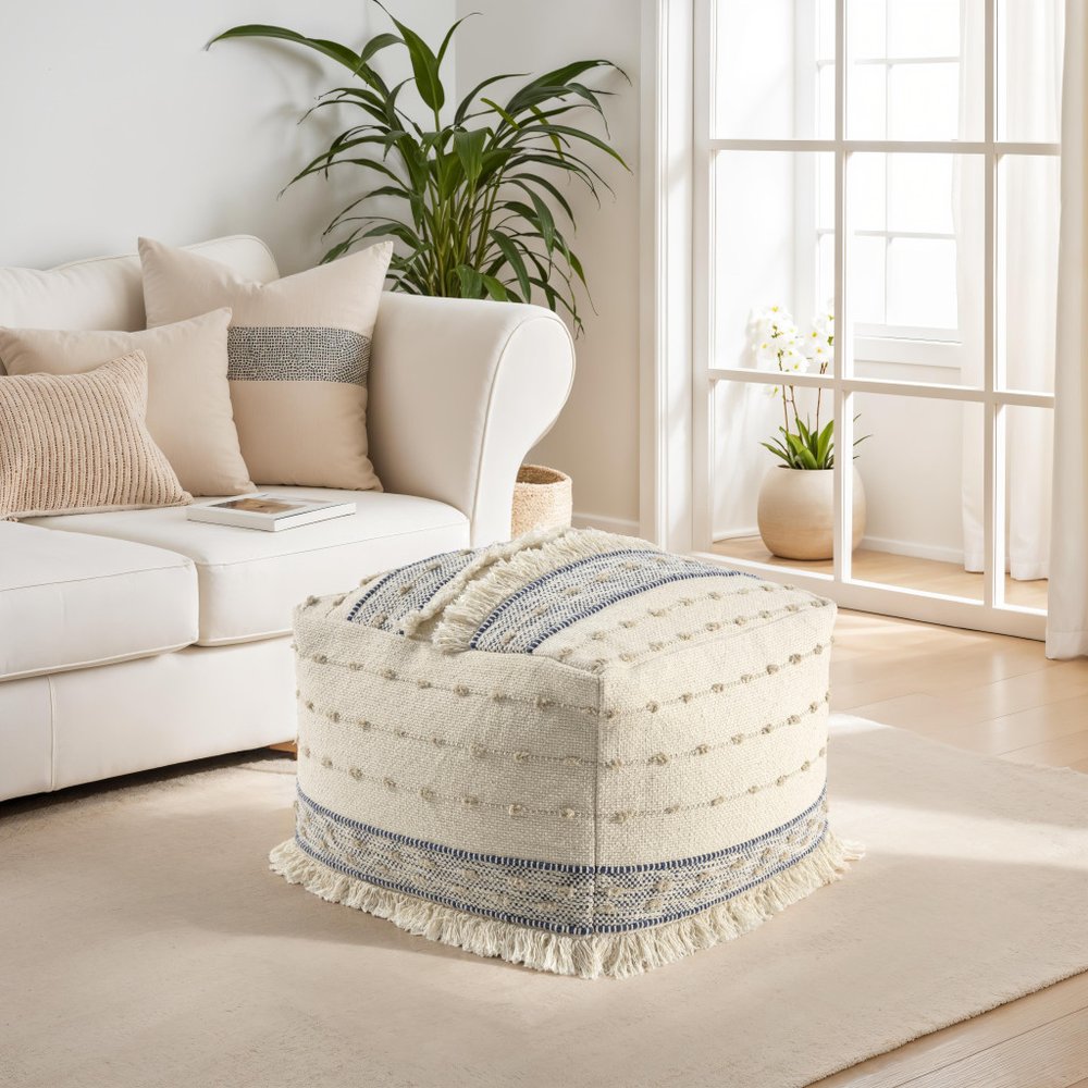 18" Ivory and Navy Blue Cotton And Wool Striped Pouf Ottoman