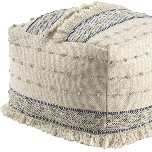 18" Ivory and Navy Blue Cotton and Wool Striped Pouf Ottoman