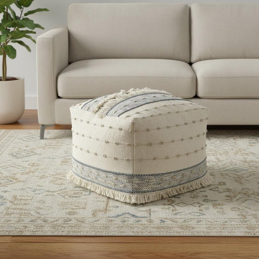 18" Ivory and Navy Blue Cotton and Wool Striped Pouf Ottoman