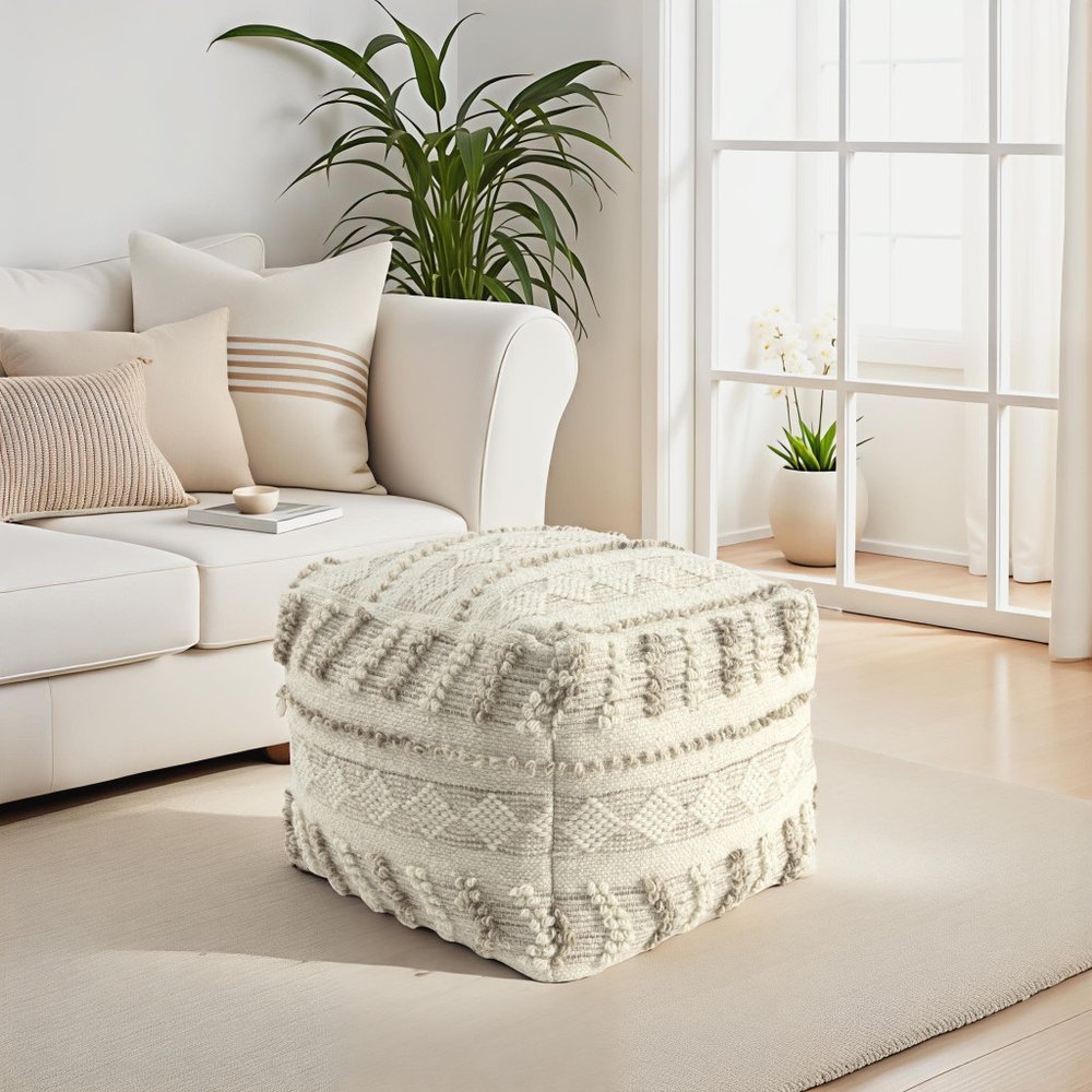 18" Ivory and Natural Cotton And Wool Striped Pouf Ottoman