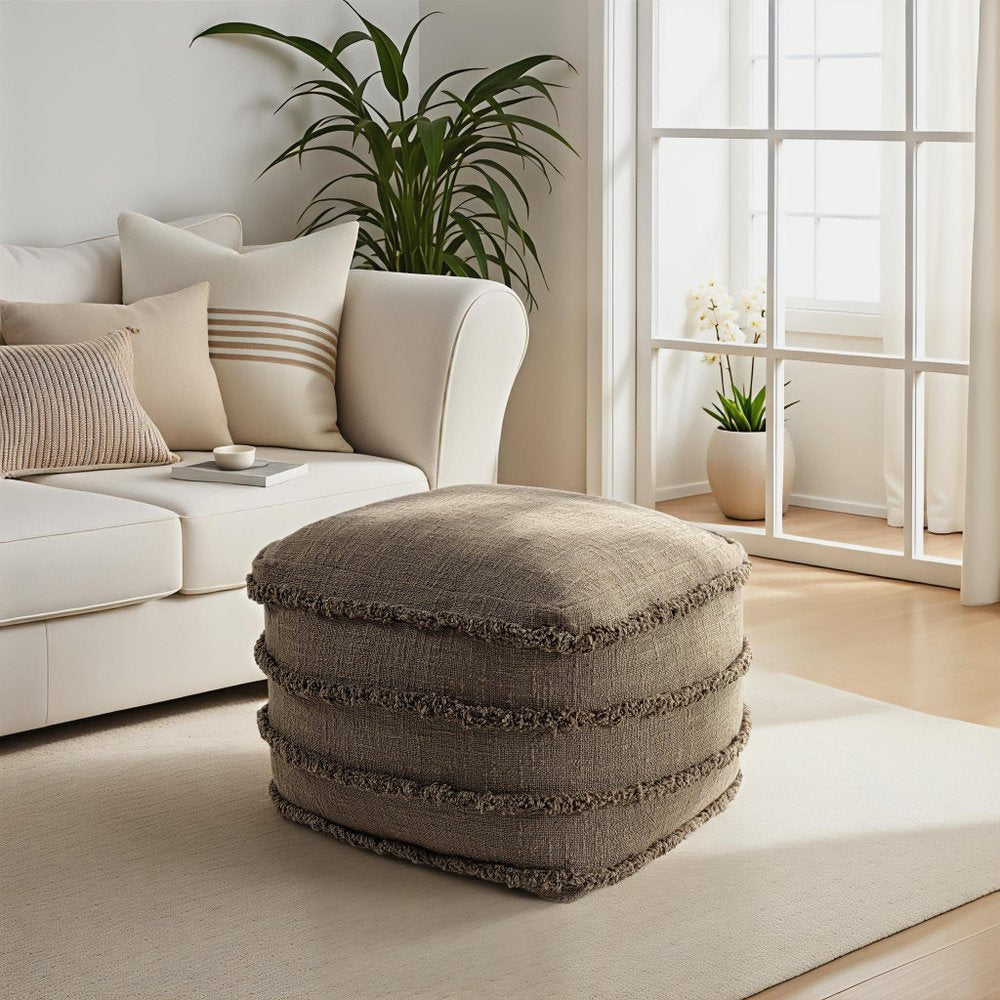 18" Brown Cotton Striped Pouf Ottoman