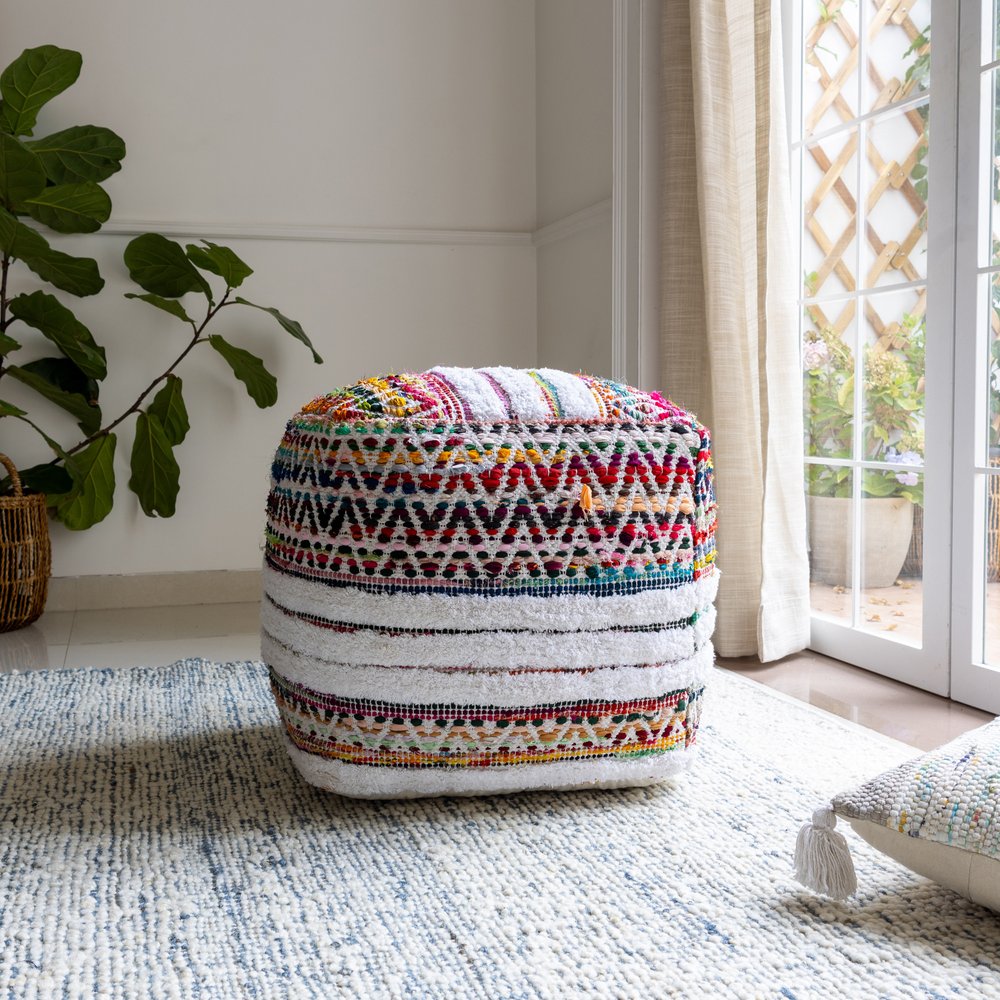 18" Natural And Rainbow Cotton Blend Chevron Pouf Ottoman