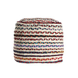 18" Natural and Rainbow Braided Jute Blend Striped Pouf Ottoman
