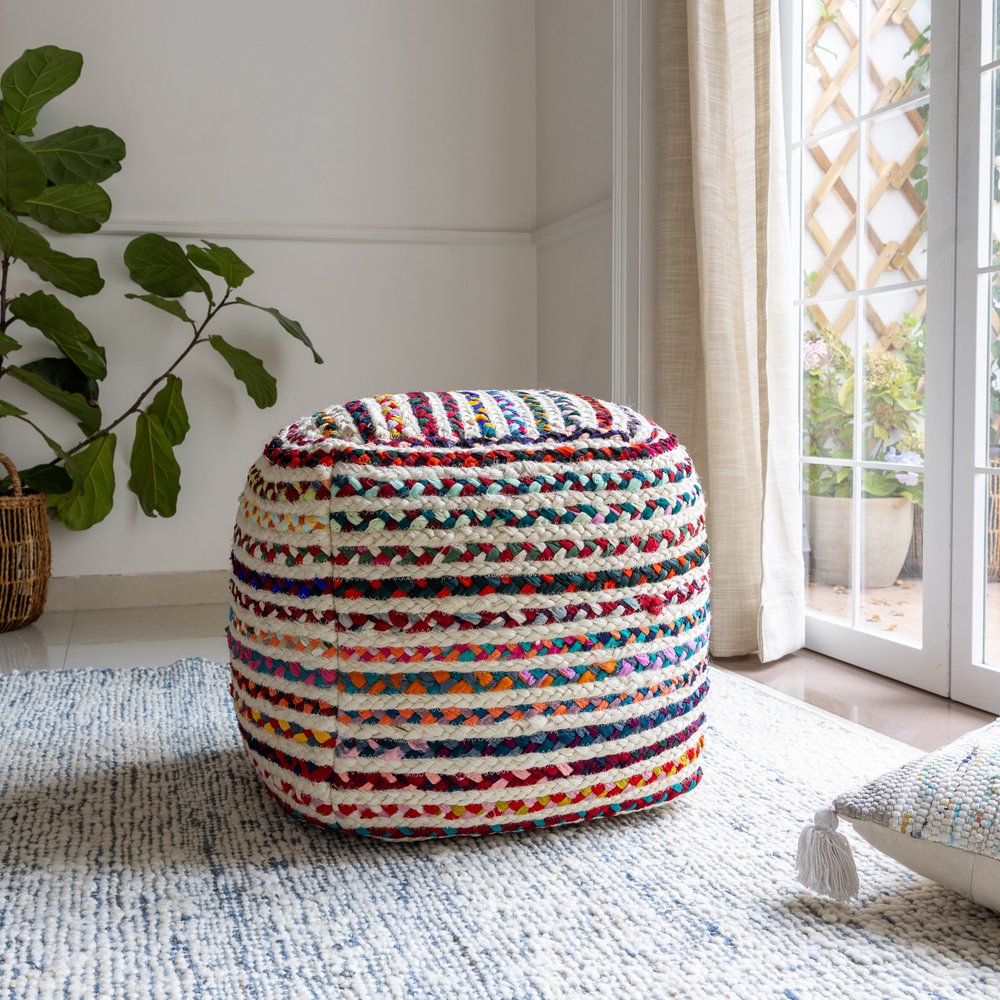 18" Natural and Rainbow Braided Jute Blend Striped Pouf Ottoman