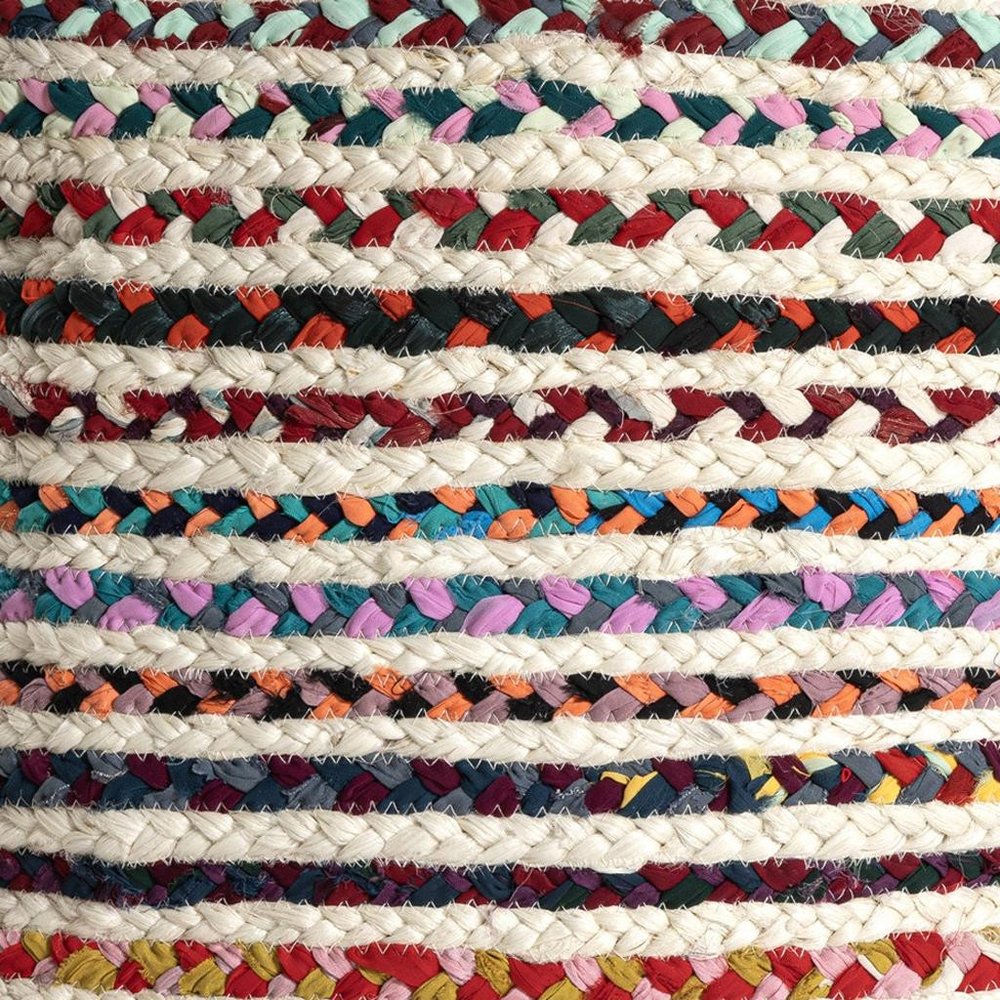 18" Natural and Rainbow Braided Jute Blend Striped Pouf Ottoman
