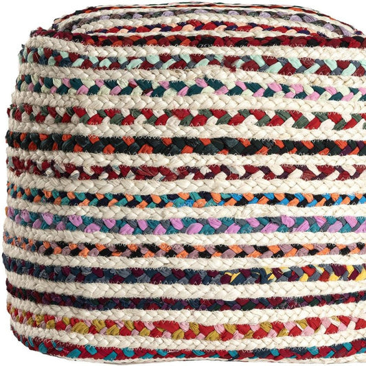 18" Natural and Rainbow Jute and Upholstery Striped Pouf Ottoman