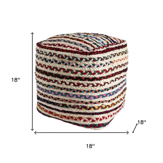 18" Natural and Rainbow Jute and Upholstery Striped Pouf Ottoman