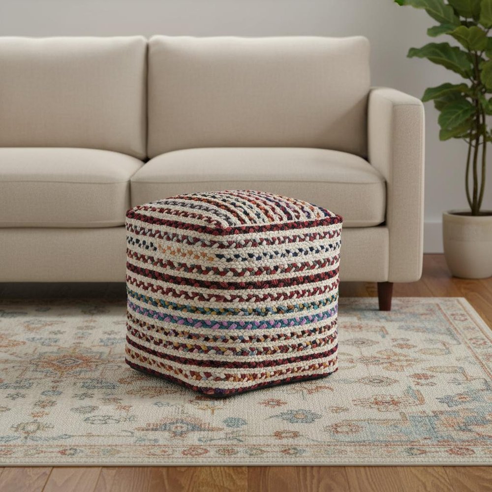 18" Natural and Rainbow Jute and Upholstery Striped Pouf Ottoman