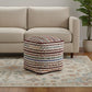 18" Natural and Rainbow Jute and Upholstery Striped Pouf Ottoman