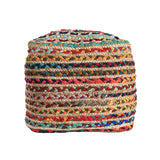 18" Natural and Rainbow Braided Jute And Polyester Striped Pouf Ottoman