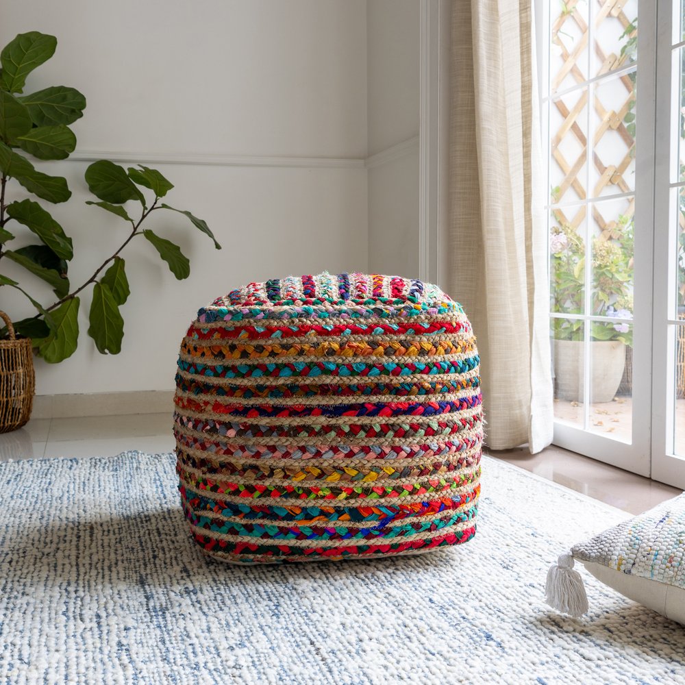 18" Natural and Rainbow Braided Jute And Polyester Striped Pouf Ottoman