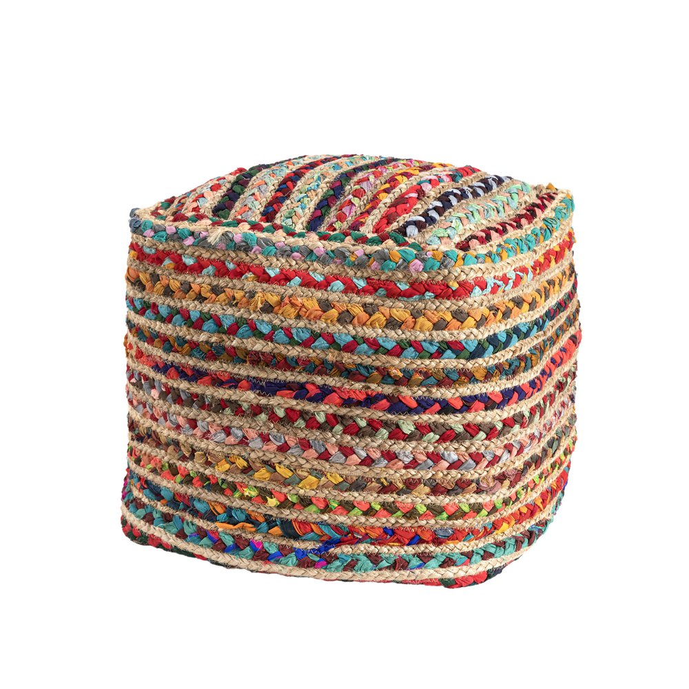 18" Natural and Rainbow Braided Jute And Polyester Striped Pouf Ottoman
