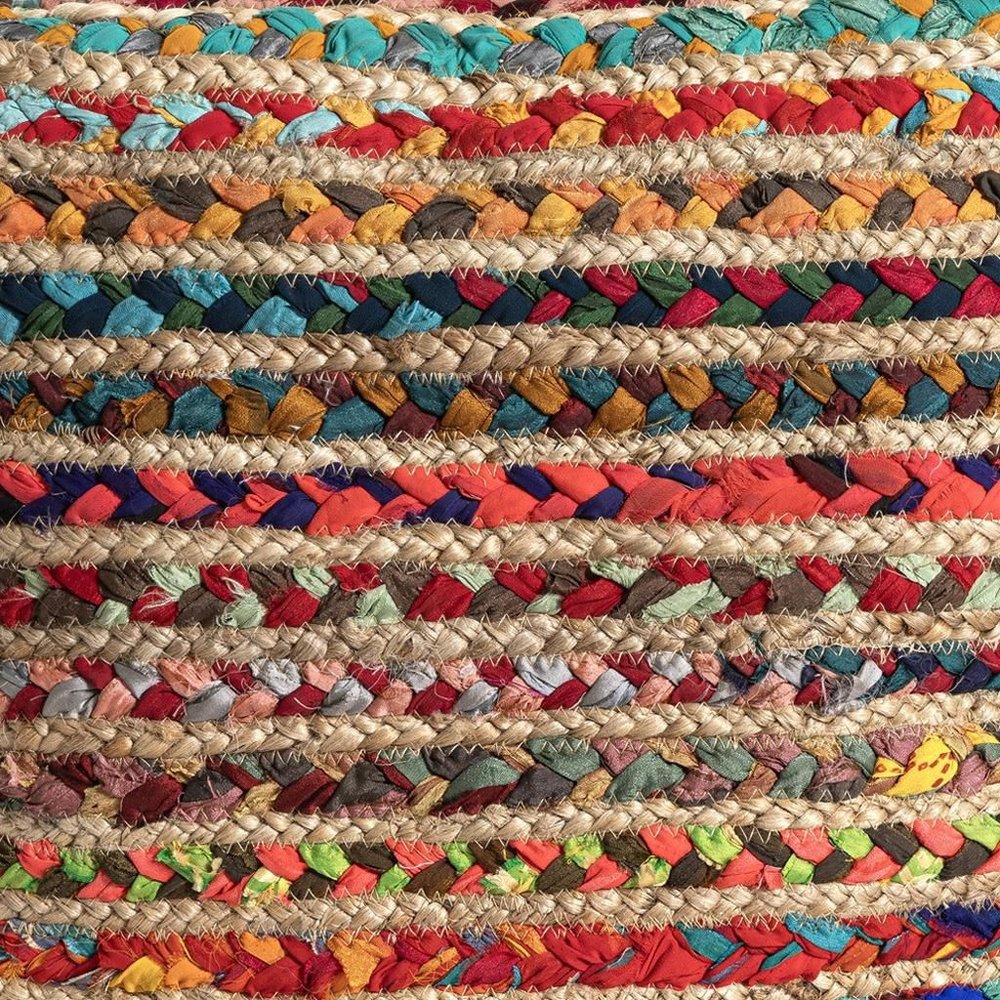 18" Natural and Rainbow Braided Jute And Polyester Striped Pouf Ottoman
