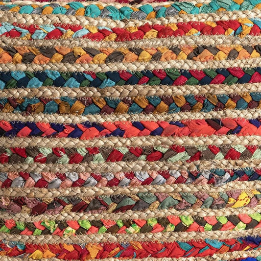 18" Natural and Rainbow Braided Jute And Polyester Striped Pouf Ottoman