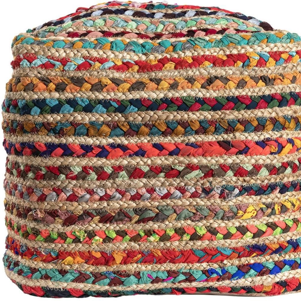 18" Natural and Rainbow Braided Jute And Polyester Striped Pouf Ottoman