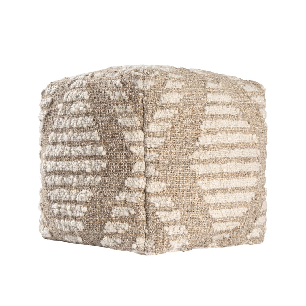 18" Ivory and Natural Cotton Jute And Wool Geometric Cube Pouf Ottoman