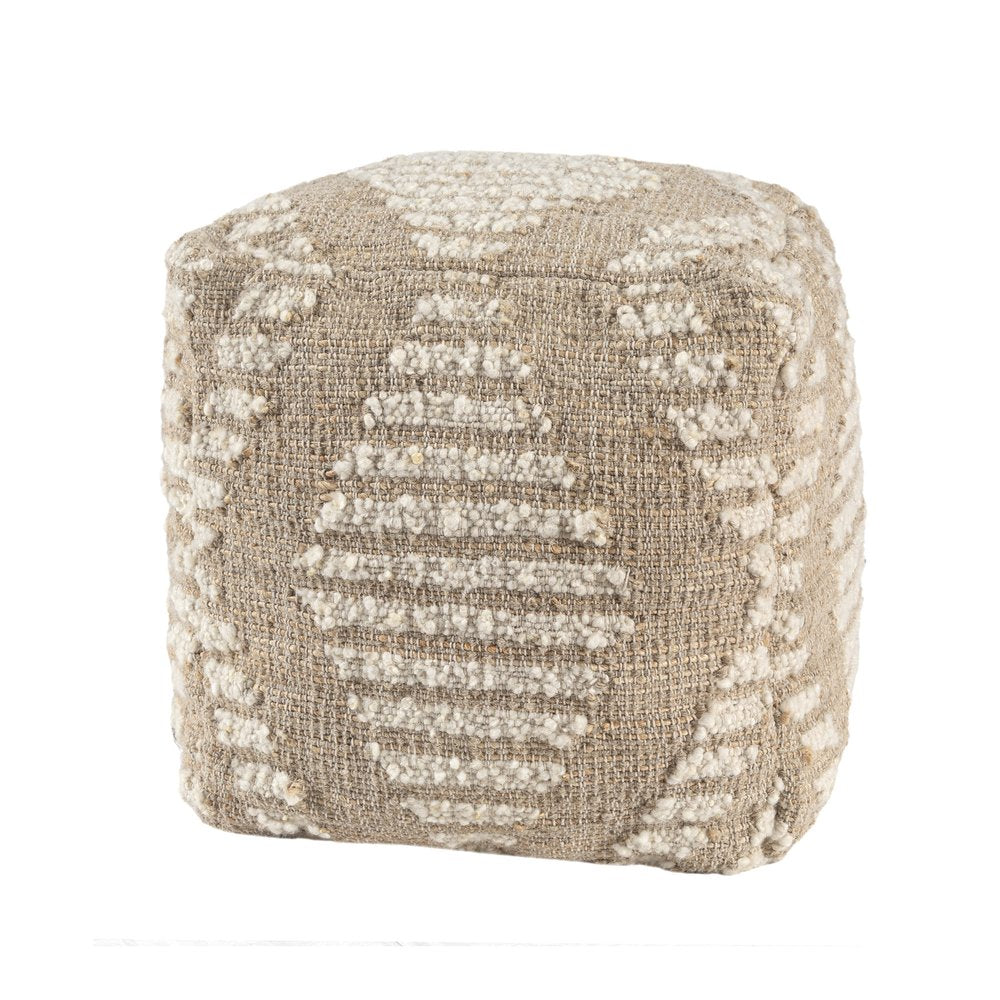 18" Ivory and Natural Cotton Jute And Wool Geometric Cube Pouf Ottoman