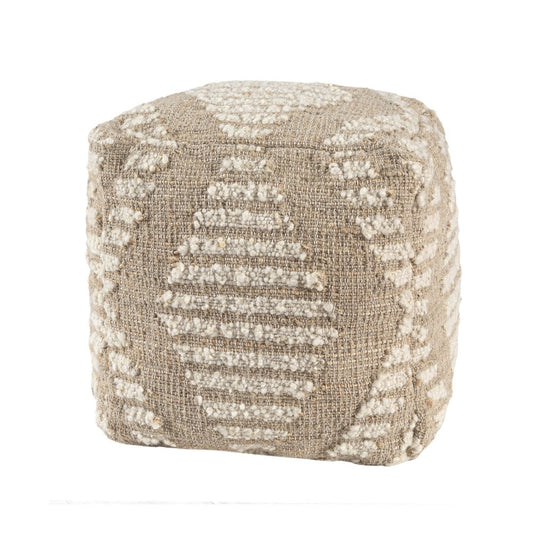 18" Ivory and Natural Cotton Jute And Wool Geometric Cube Pouf Ottoman