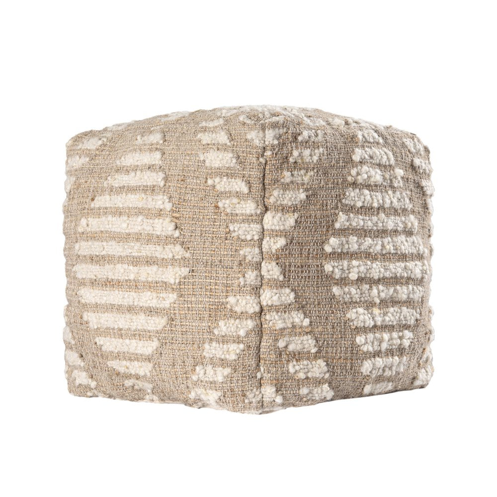18" Ivory and Natural Cotton Jute And Wool Geometric Cube Pouf Ottoman