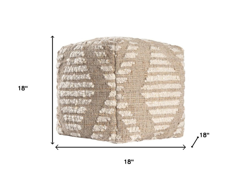 18" Ivory and Natural Cotton Jute And Wool Geometric Cube Pouf Ottoman