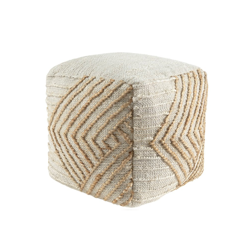 18" Natural and Off White Cotton Jute And Wool Geometric Cube Pouf Ottoman