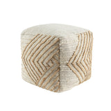 18" Natural and Off White Cotton Jute And Wool Geometric Cube Pouf Ottoman