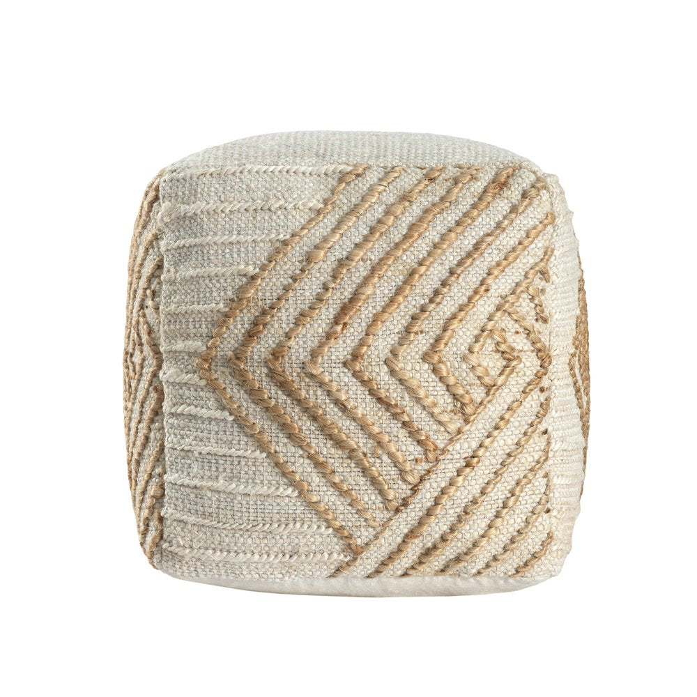 18" Natural and Off White Cotton Jute And Wool Geometric Cube Pouf Ottoman